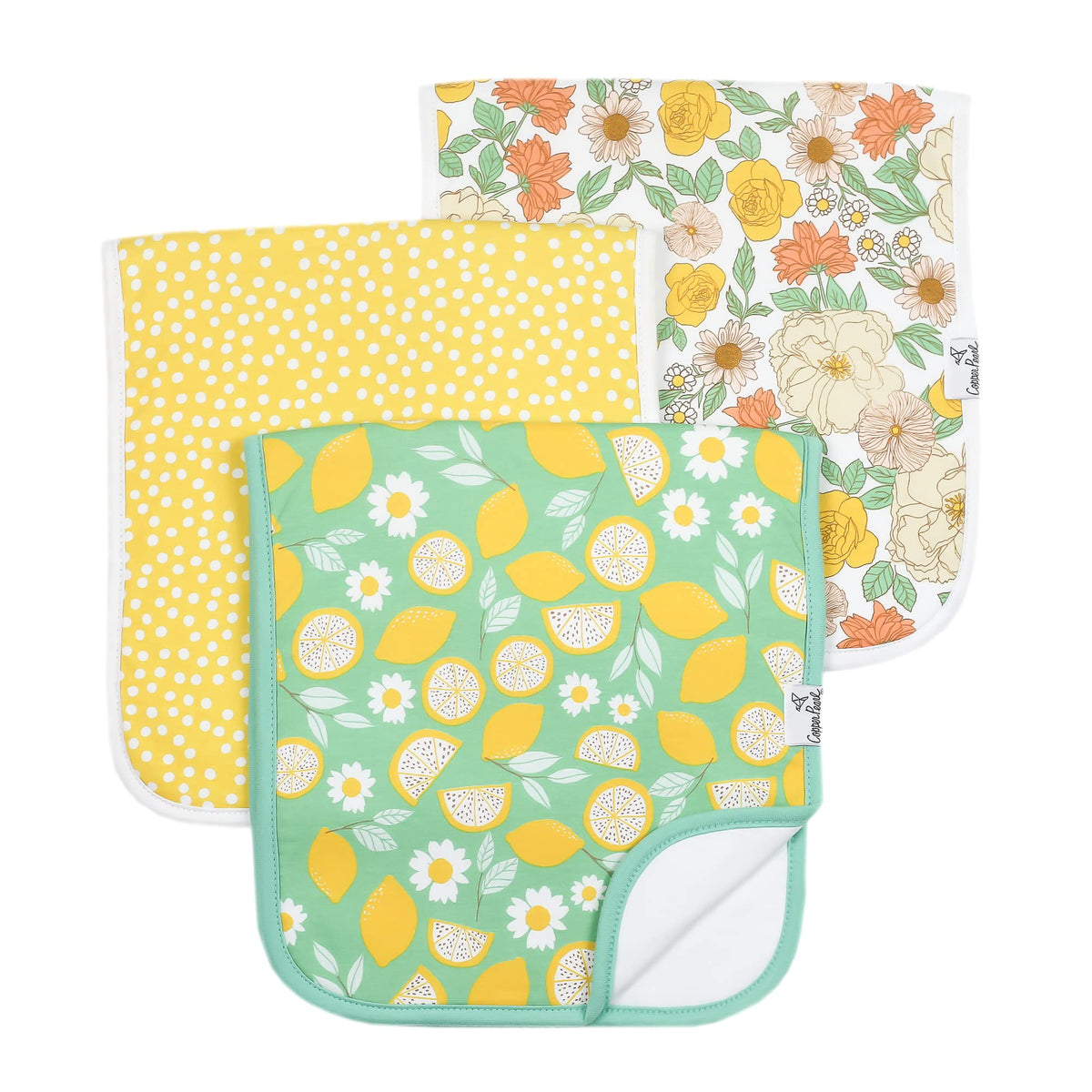 Copper Pearl burp cloths Lemon Set packaged for gifting and everyday baby care