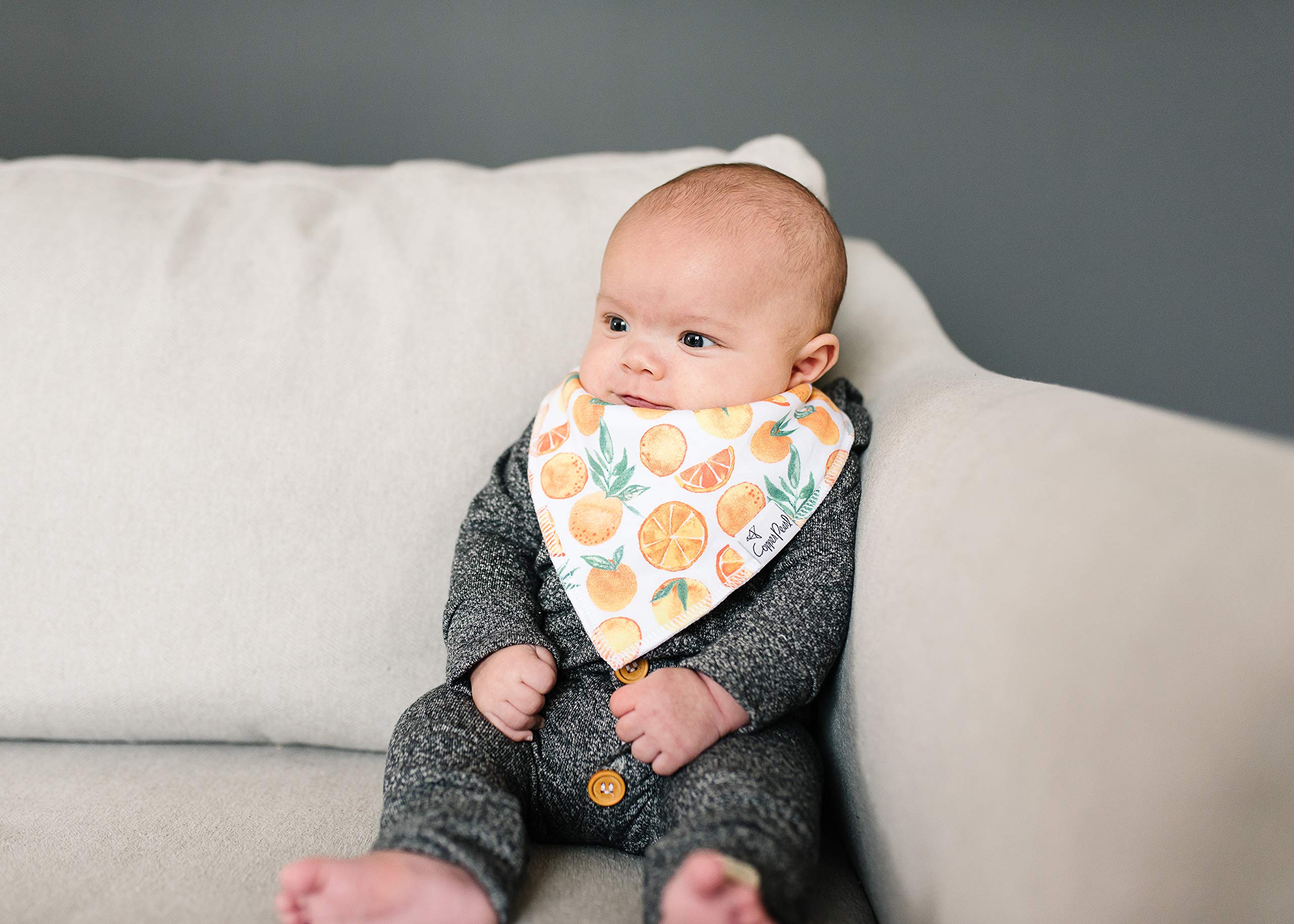 Copper Pearl Citrus Bibs machine washable for quick cleanup after meals