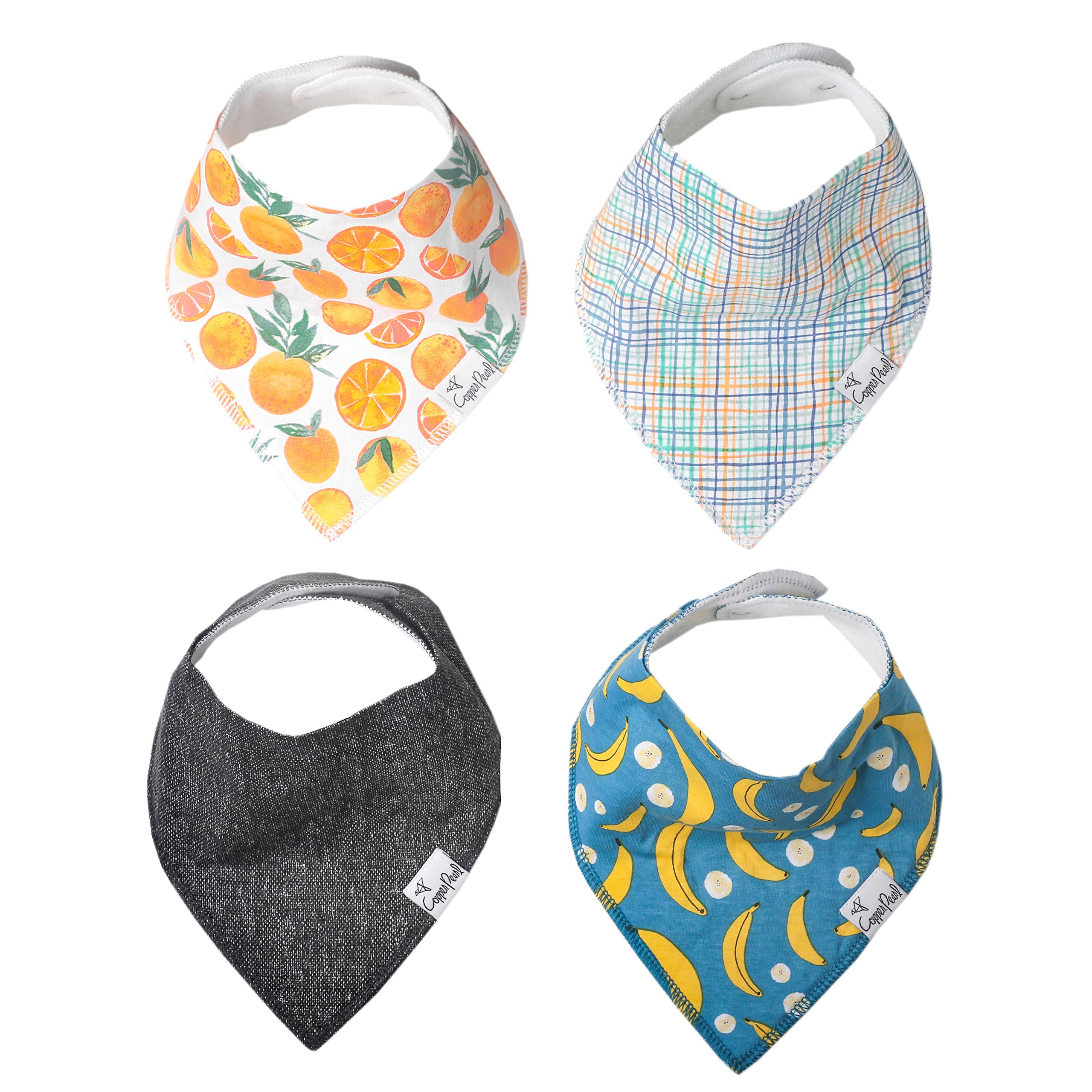 Copper Pearl Citrus Bibs front view demonstrates absorbent protection for messy mealtimes