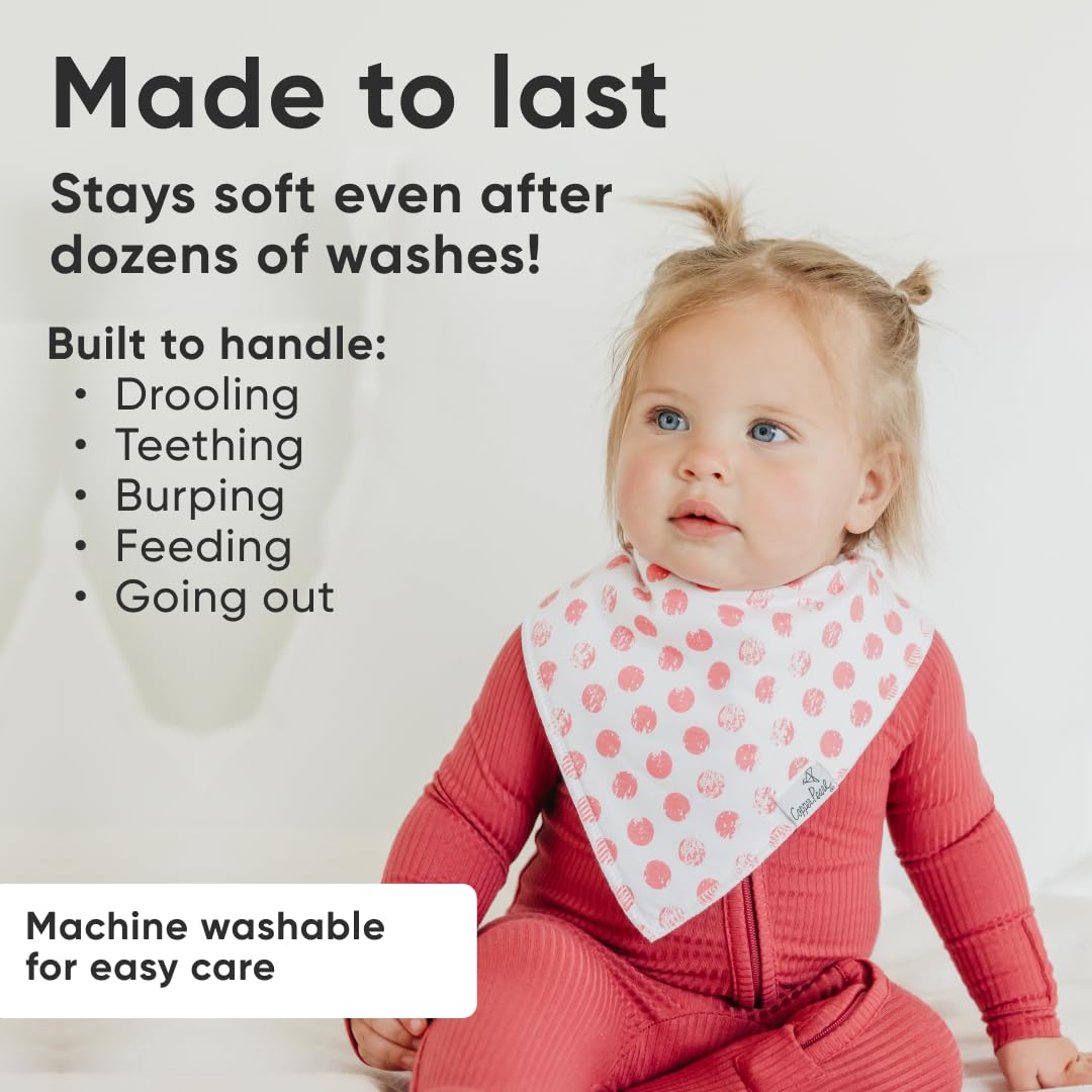 Copper Pearl Claire Set bib in use at mealtime—catches drool and spills efficiently