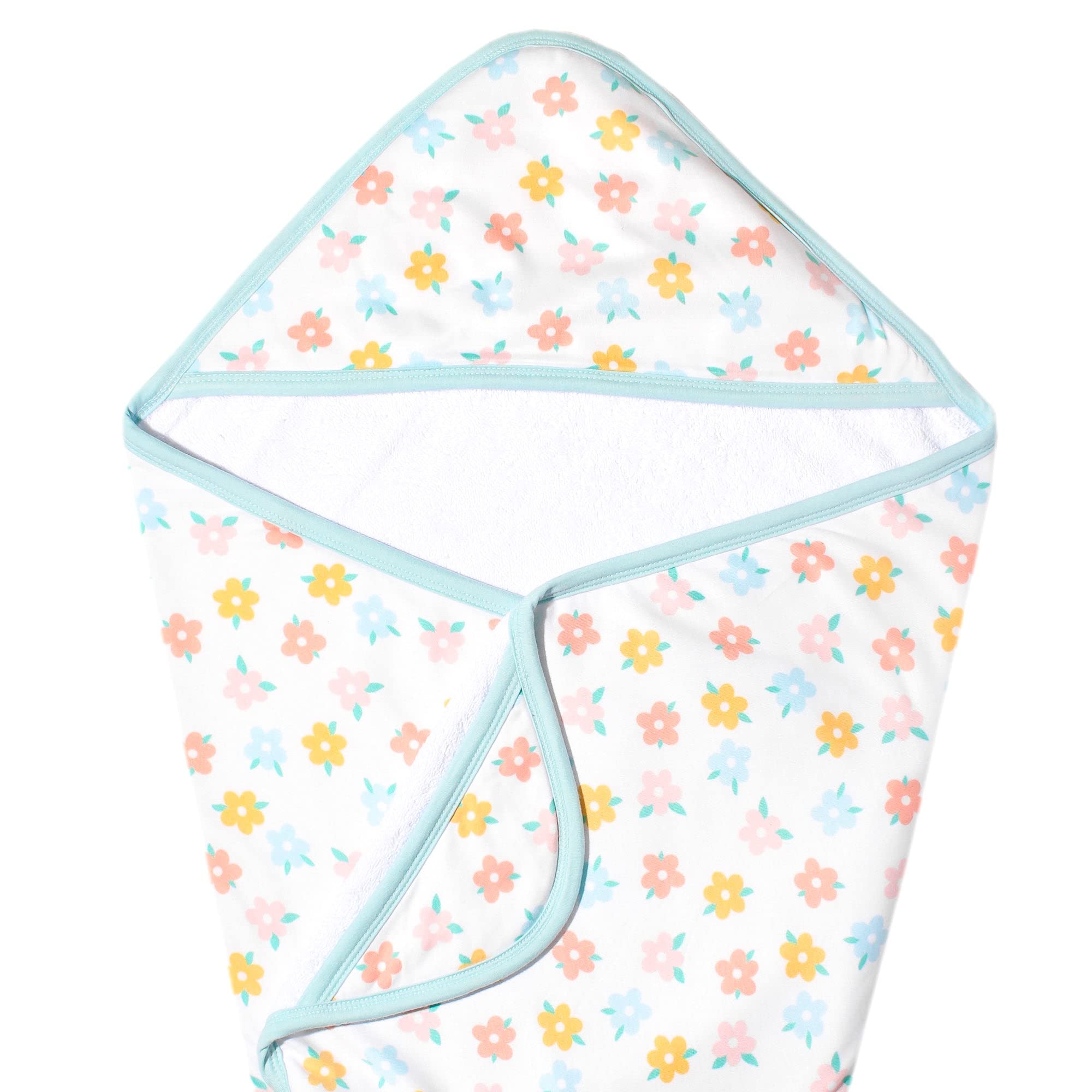 Copper Pearl Daisy hooded towel for newborns with warm, absorbent hug after bath.
