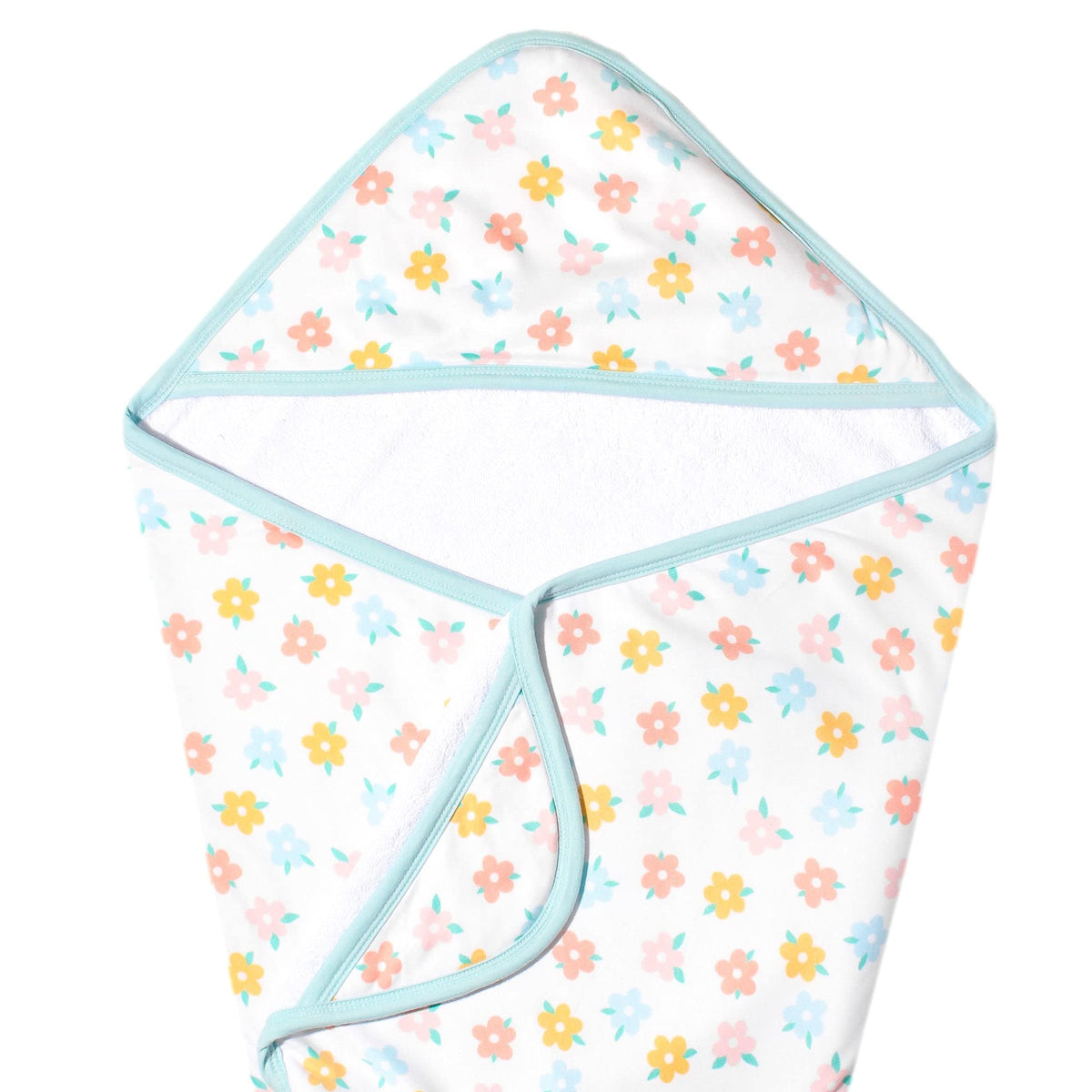 Copper Pearl Daisy hooded towel for newborns with warm, absorbent hug after bath.