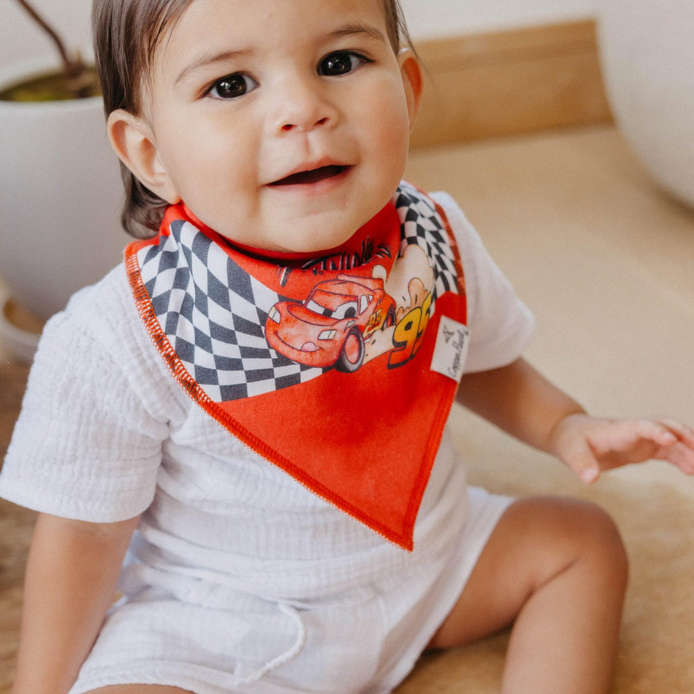 Copper Pearl Disney Pixar Cars bib with adjustable nickel-free snaps for 3-24 months