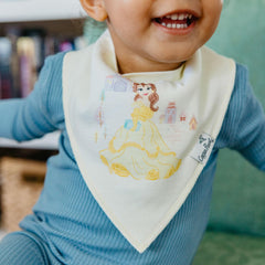 Copper Pearl Disney Princess design motif on bandana bib, arranged with baby outfits for chic styling