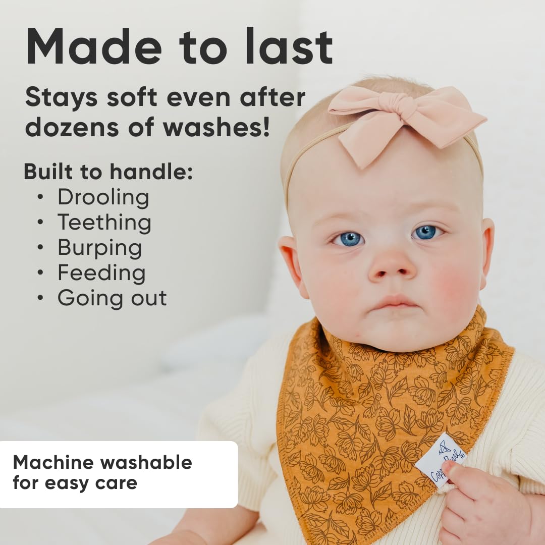 Copper Pearl Eden bib adjustable snaps highlight secure fit from newborn to toddler