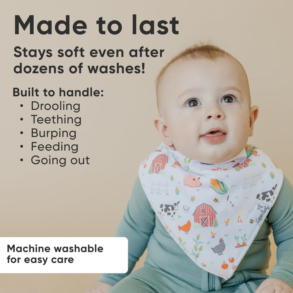 Copper Pearl Farmstead bib on a toddler with adjustable snaps for growing fits.