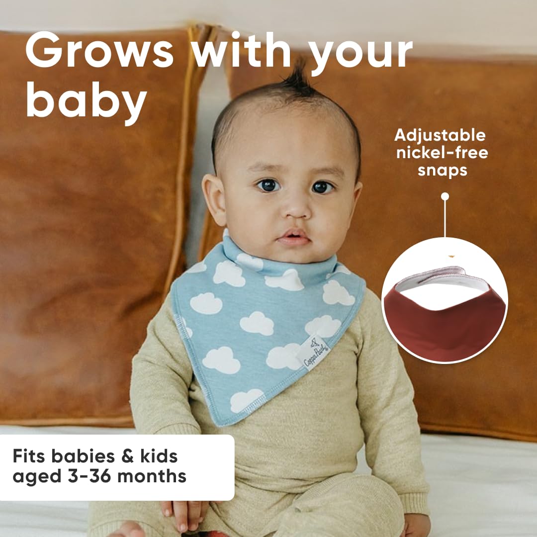 Copper Pearl Farmstead bib during mealtime keeps clothes dry and clean.