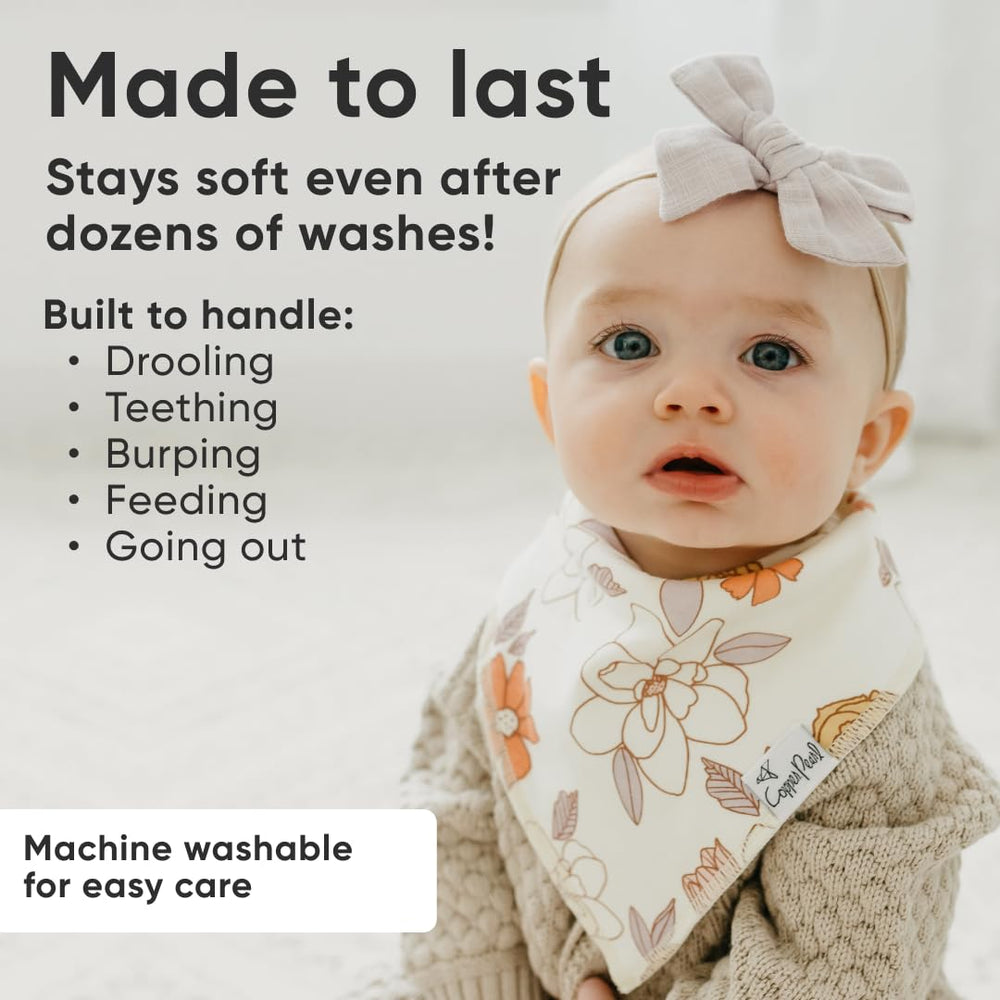 Copper Pearl Ferra bib adjustable-snaps demonstrates newborn-to-toddler fit and secure wear.