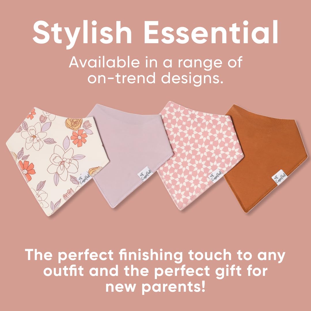 Copper Pearl Ferra bib-worn-on-baby captures real-life teething and drool-friendly product use.