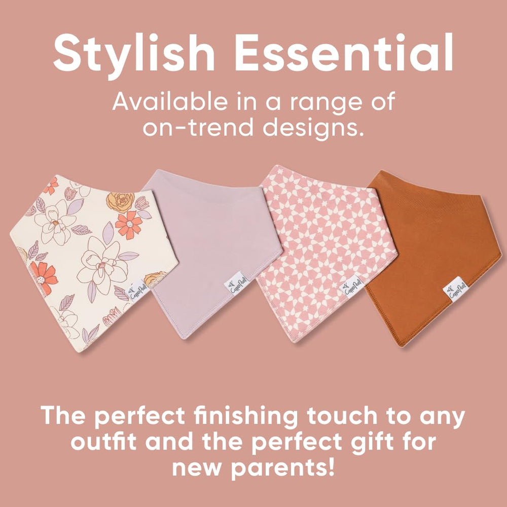 Copper Pearl Ferra bib-worn-on-baby captures real-life teething and drool-friendly product use.