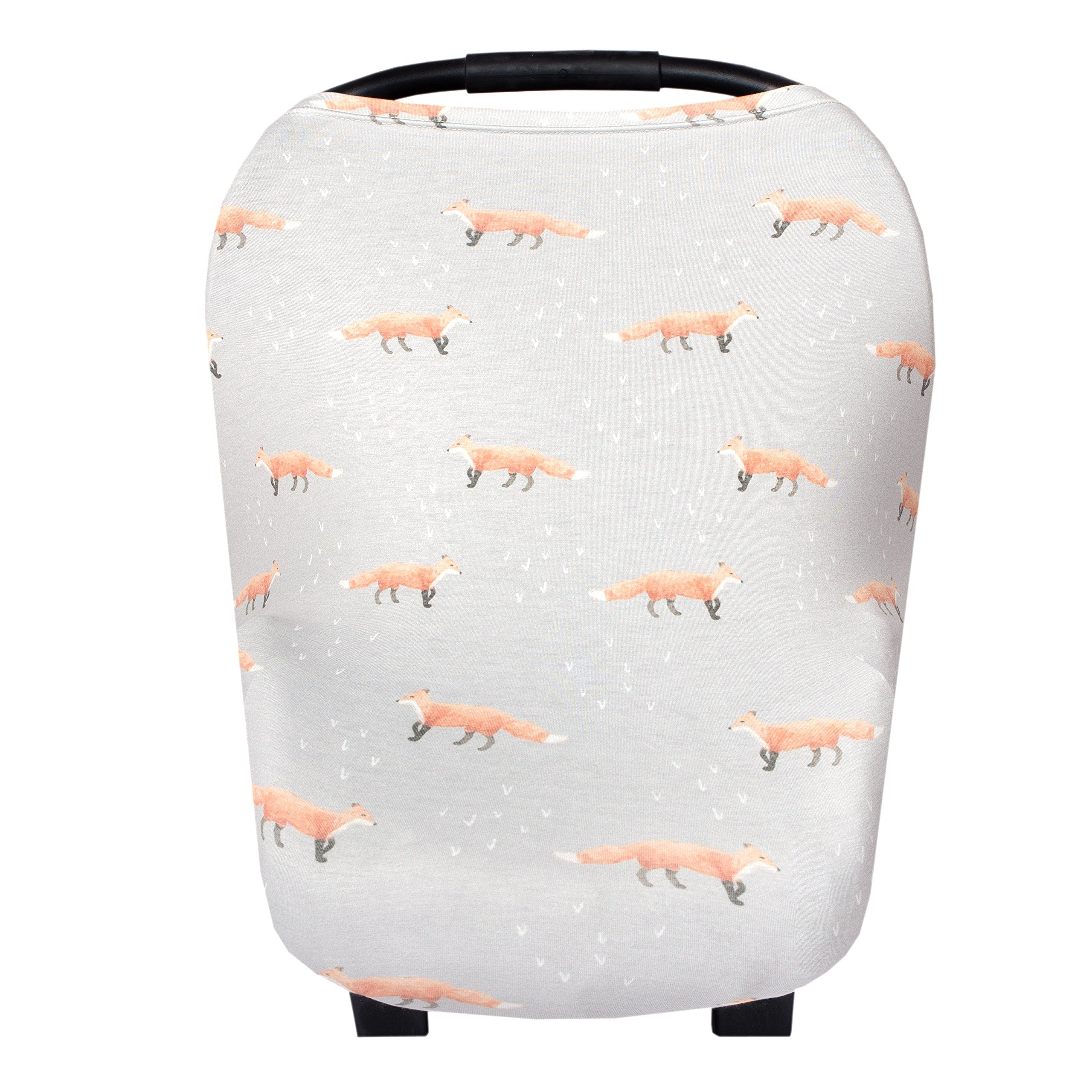Copper Pearl foxes fabric closeup showing trendy grey design for baby car seat covers