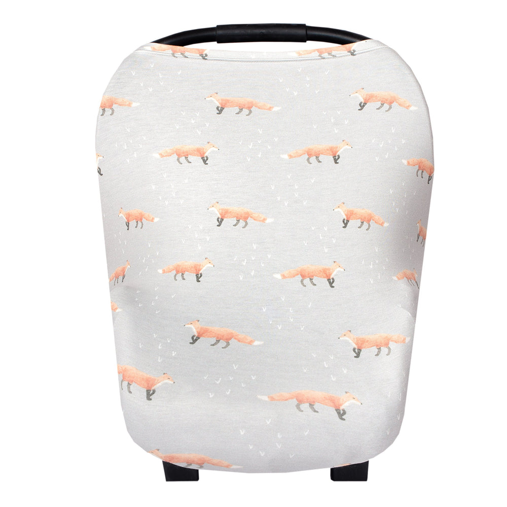 Copper Pearl foxes fabric closeup showing trendy grey design for baby car seat covers