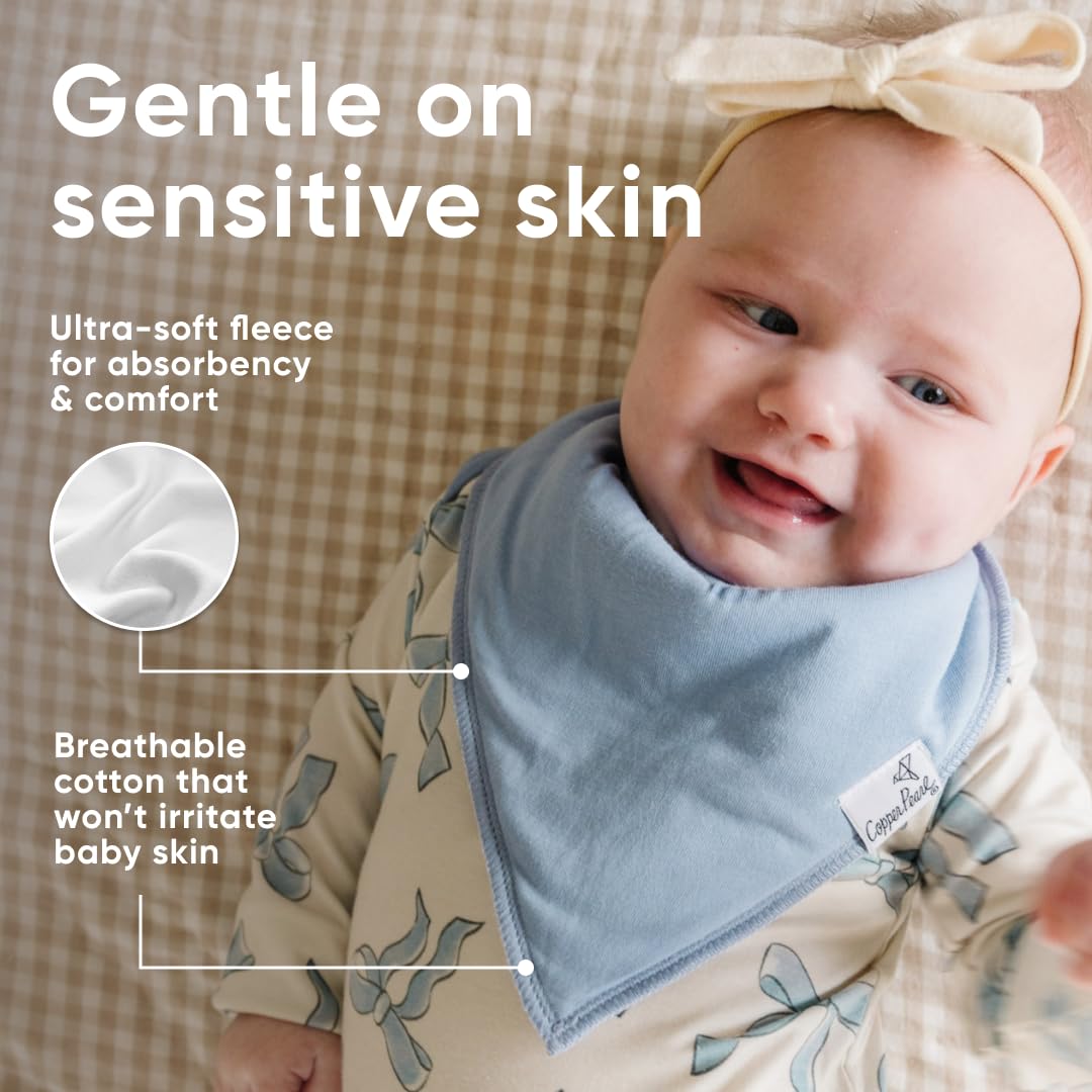 Copper Pearl Gemma tan bandana bib adjustable snaps; secure nickel-free closures fit infants to toddlers.