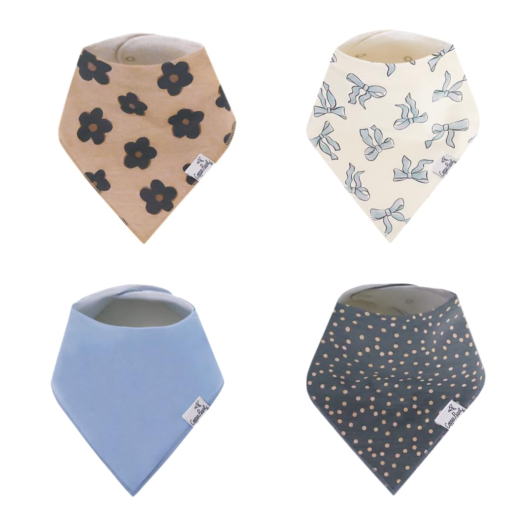 Copper Pearl Gemma tan bandana bib front view; stylish and absorbent front knit, keeps outfits clean.
