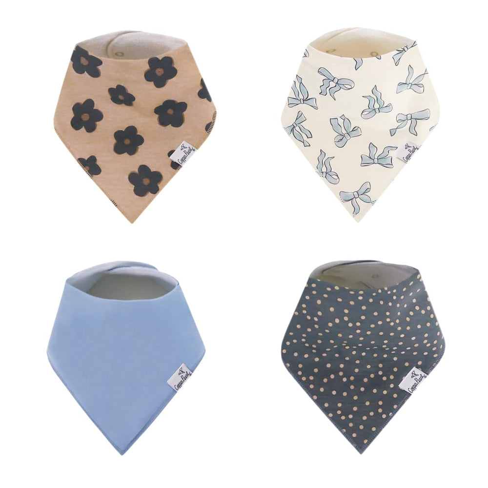 Copper Pearl Gemma tan bandana bib front view; stylish and absorbent front knit, keeps outfits clean.