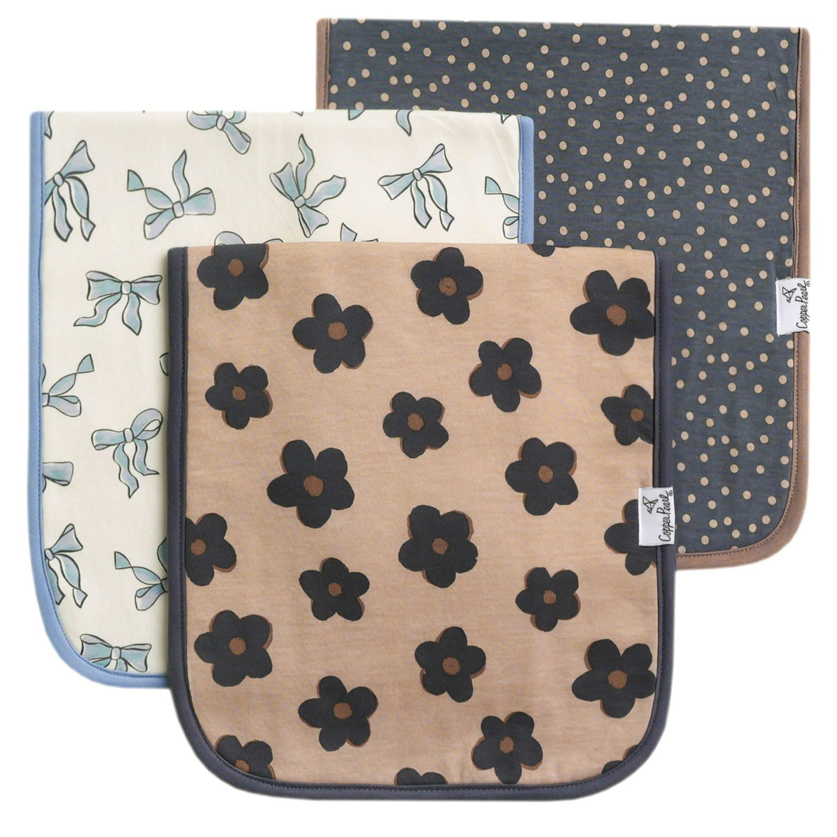 Copper Pearl Gemma tan burp cloth front pattern offers cozy shoulder coverage during burping.