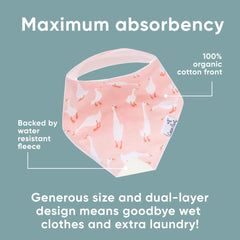 Copper Pearl Goosie baby wearing bib teething close-up demonstrates comfortable fit and stay-put snaps.