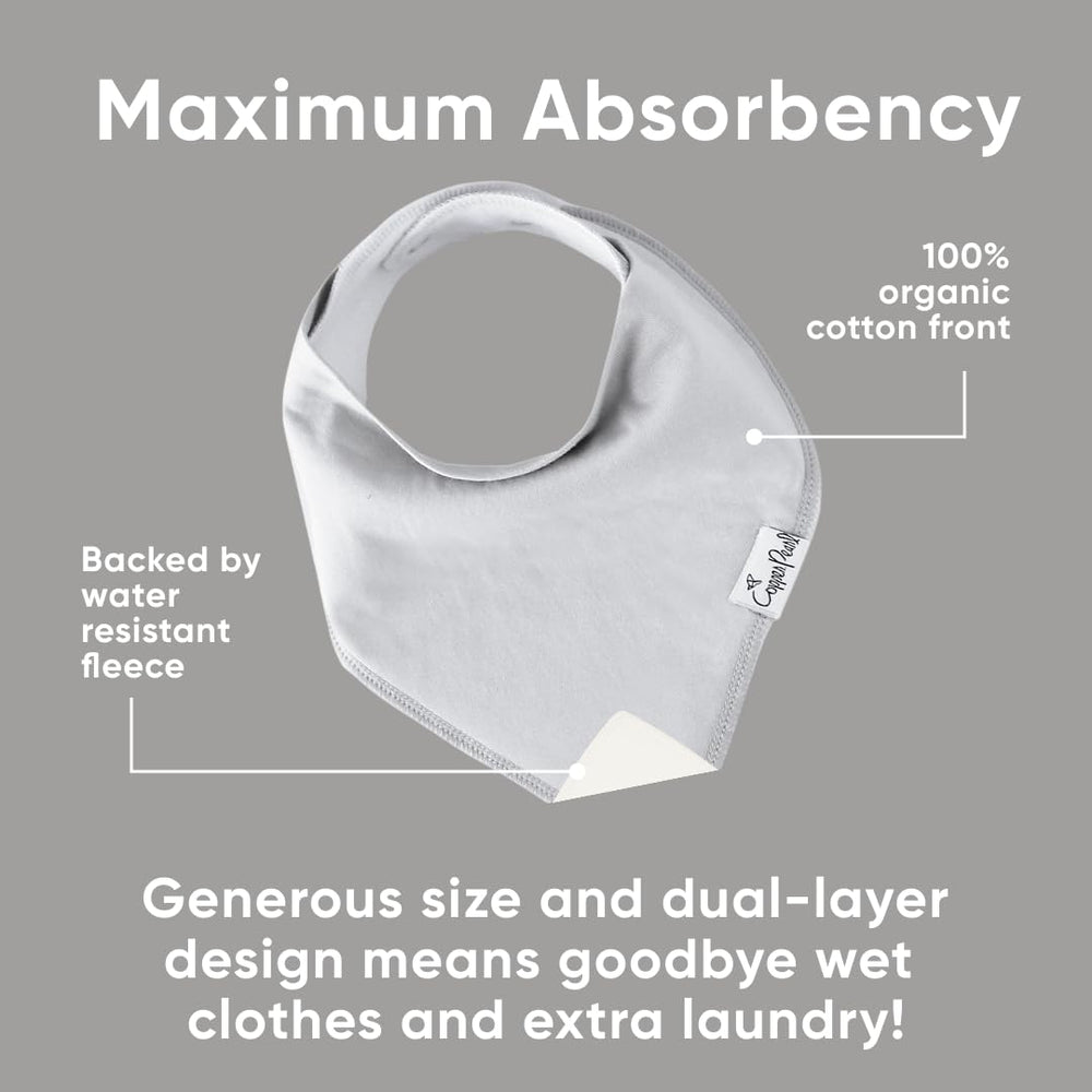 Copper Pearl Gray Basics bibs closeup highlights ultra-soft cotton and two-layer absorbency