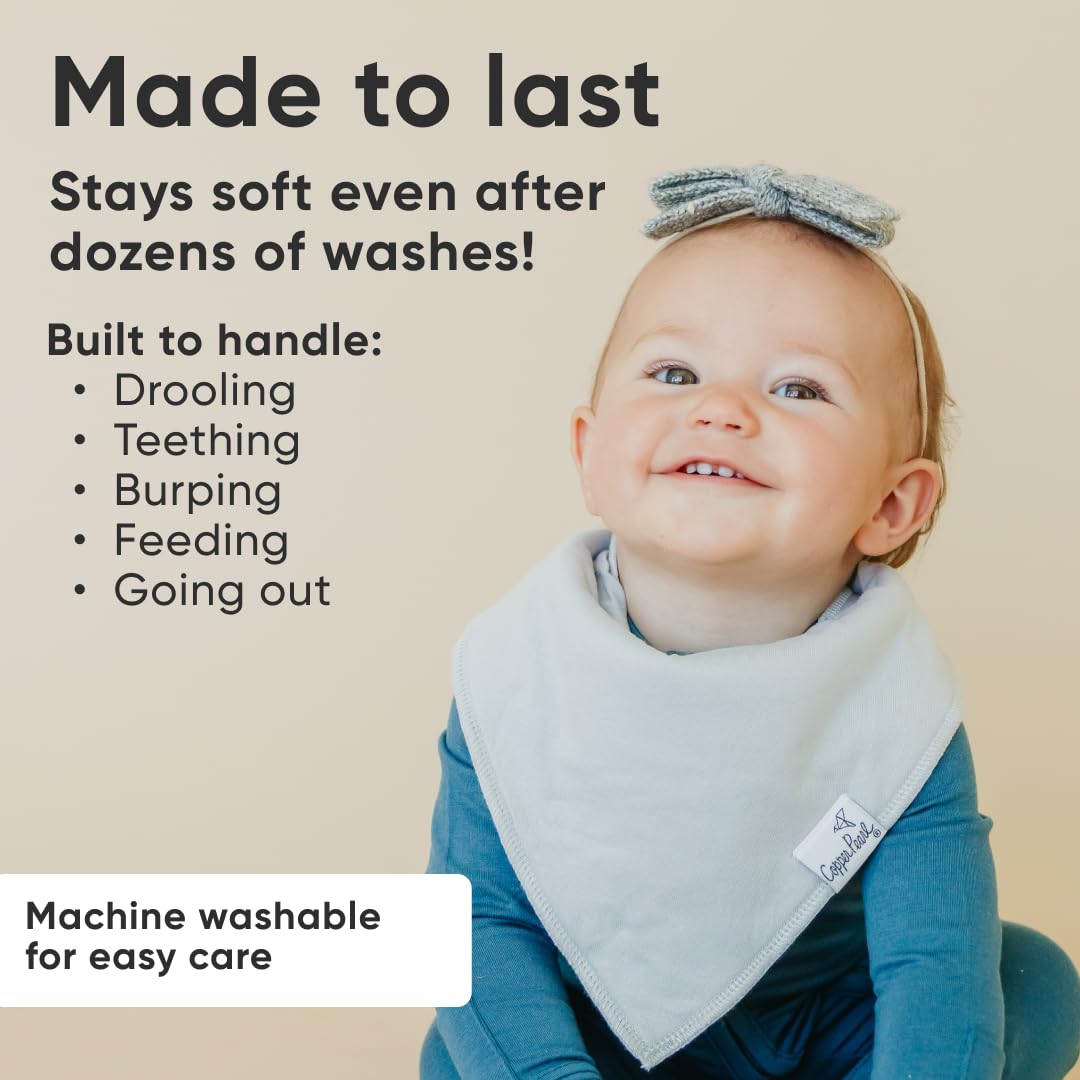 Copper Pearl Gray Basics bibs adjustable snaps demonstrate secure newborn-to-toddler fit