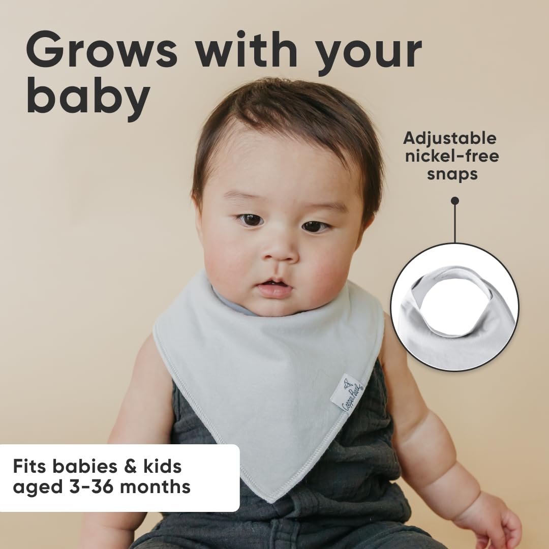 Copper Pearl Gray Basics bibs worn during feeding and teething moments for mess containment