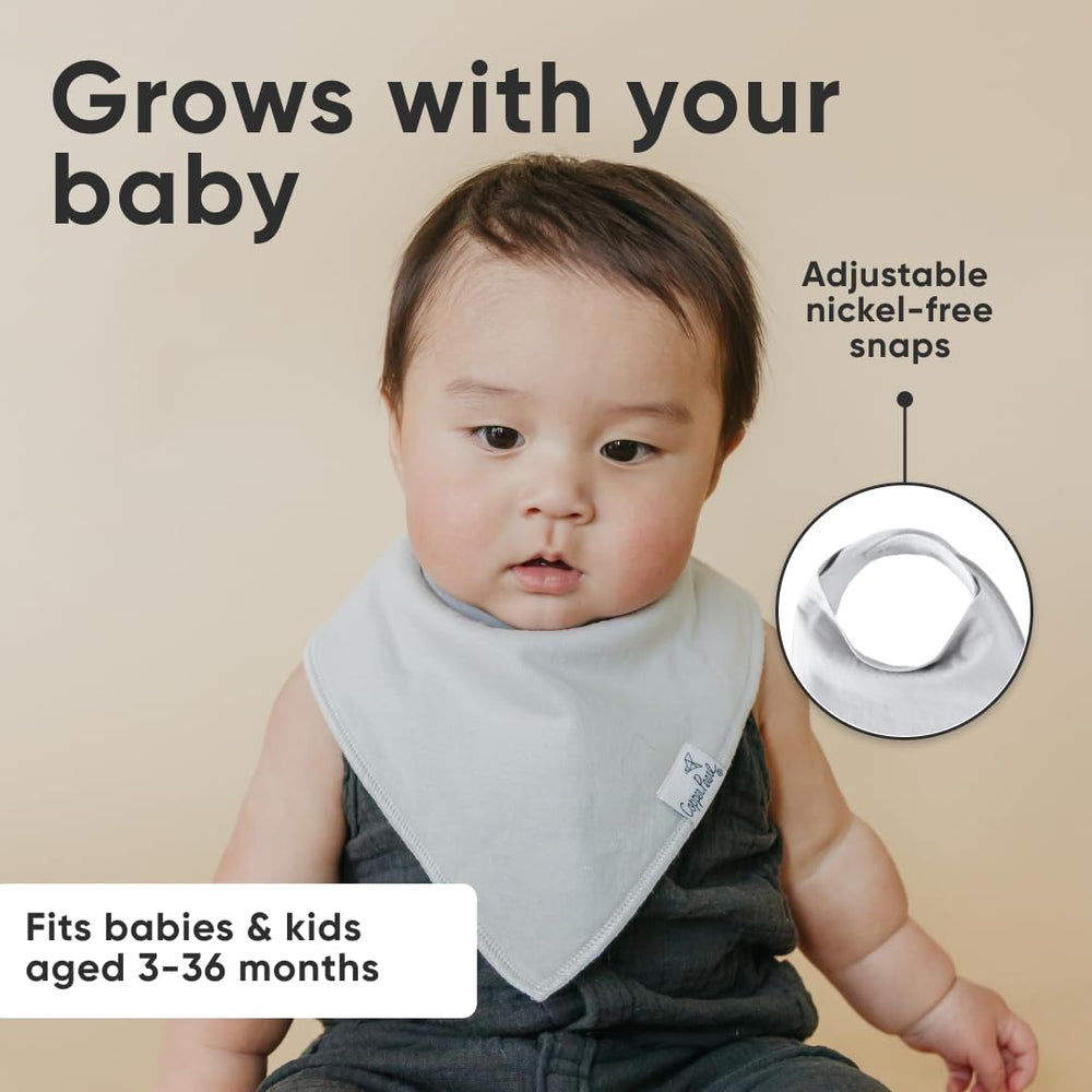 Copper Pearl Gray Basics bibs worn during feeding and teething moments for mess containment