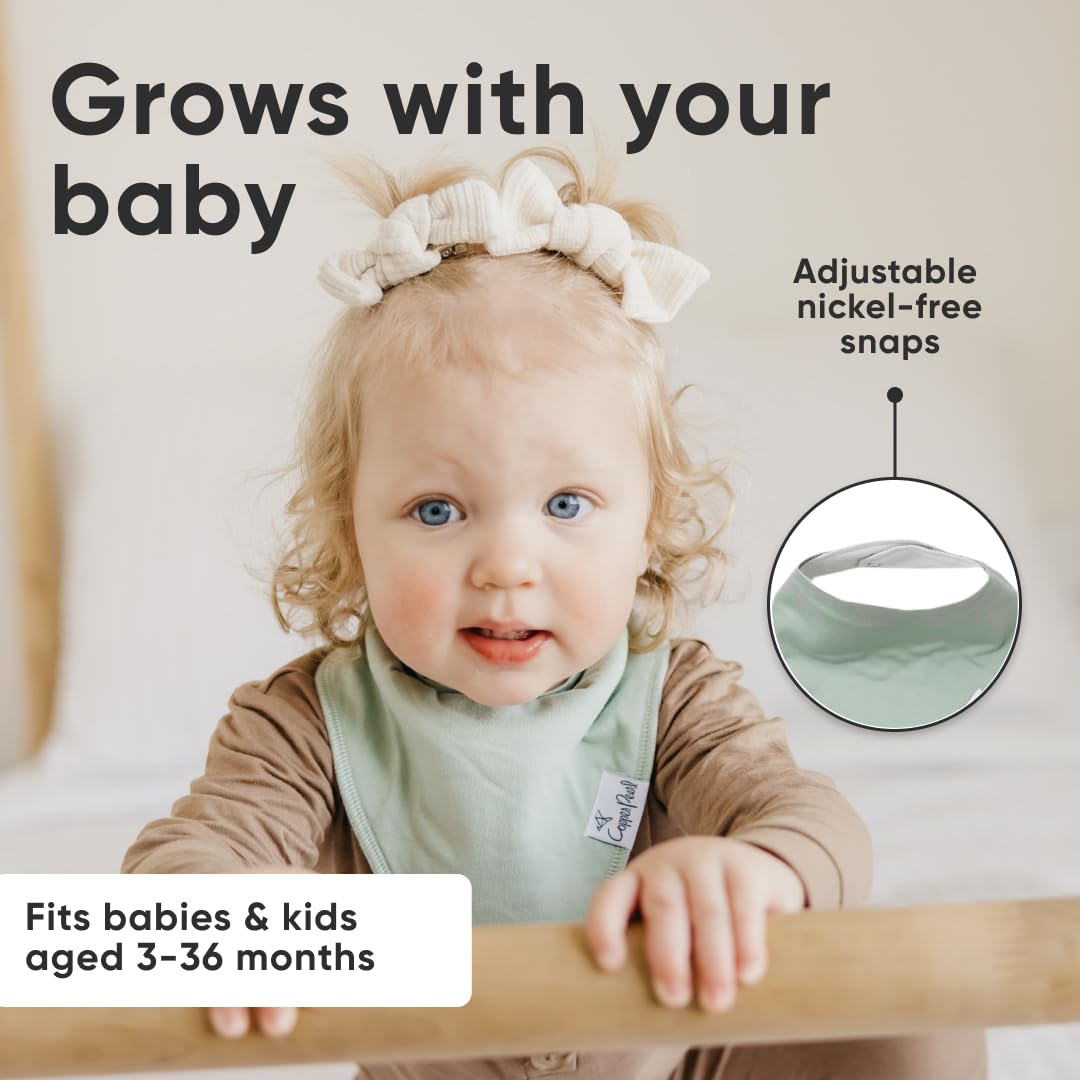 Copper Pearl Haven adjustable-snaps-bib displays nickel-free snaps for newborn to toddler fit.