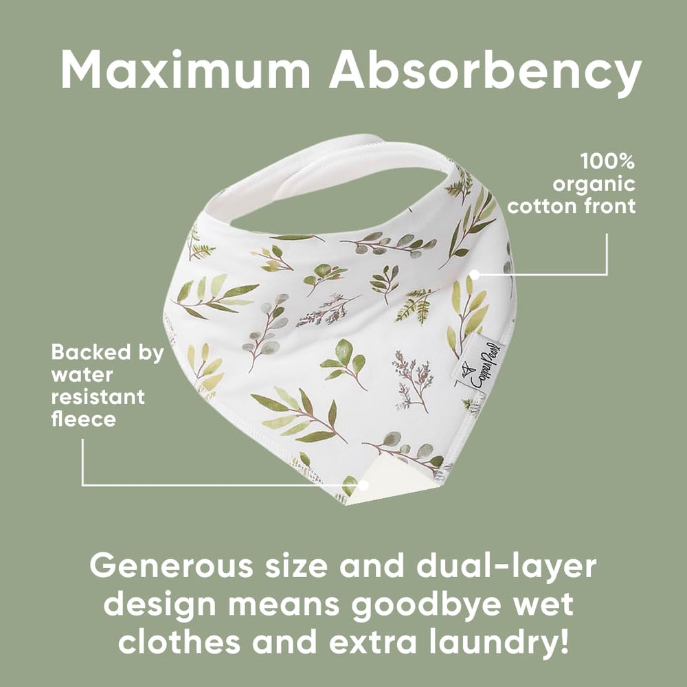 Copper Pearl Haven baby-wearing bibs demonstrate adjustable snaps for growing comfort.