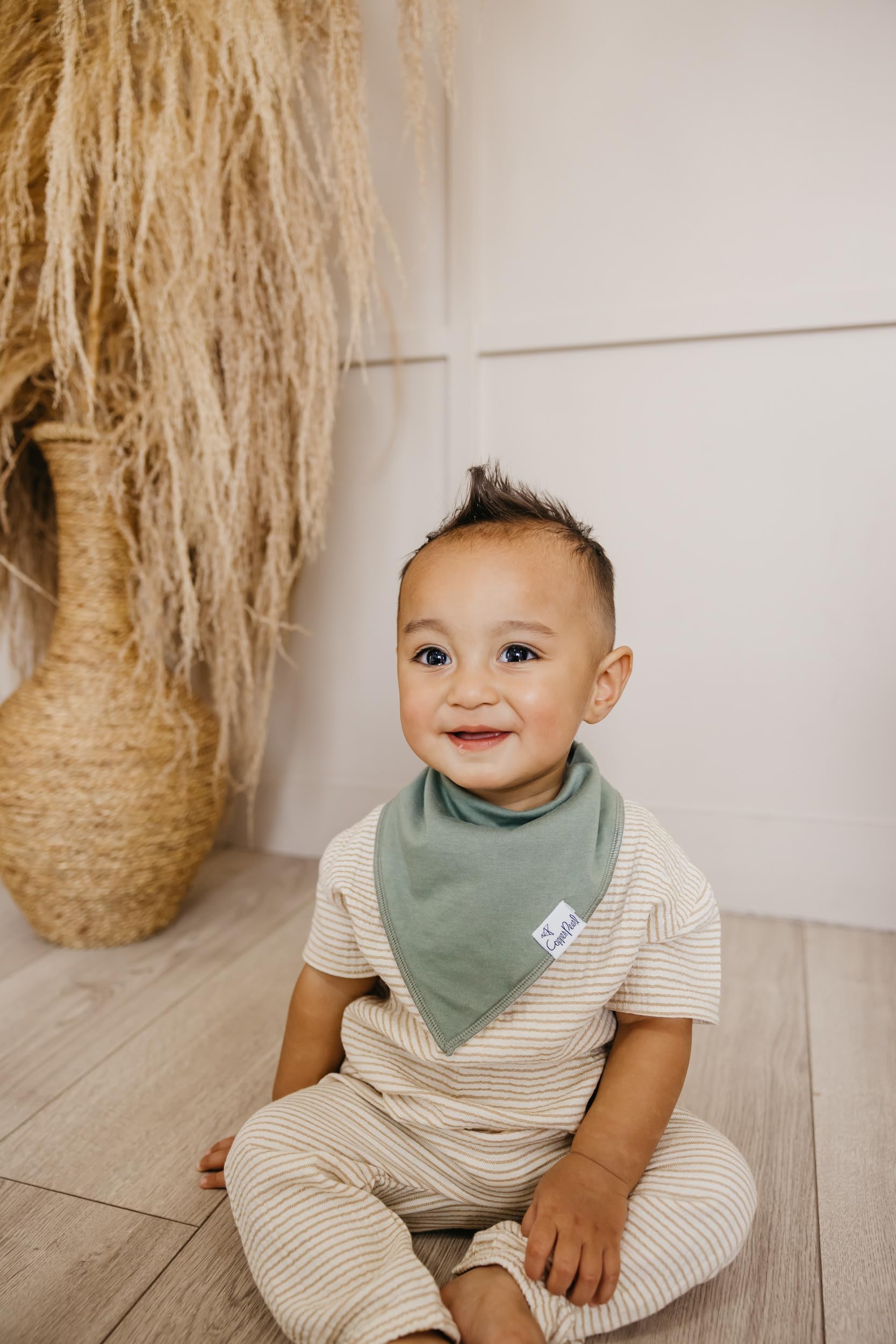 Copper Pearl Haven bib-front view highlights ultra-soft cotton and absorbent front for drool protection.