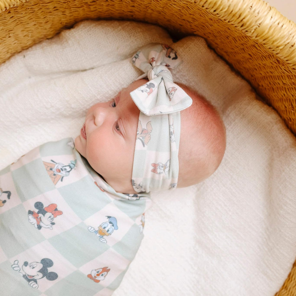 Copper Pearl headband bow with Mickey print on baby for trendy nursery style