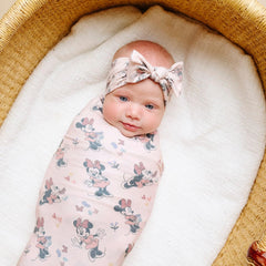 Copper Pearl soft-knit headband on newborn with ultra-soft fabric and gentle stretch.