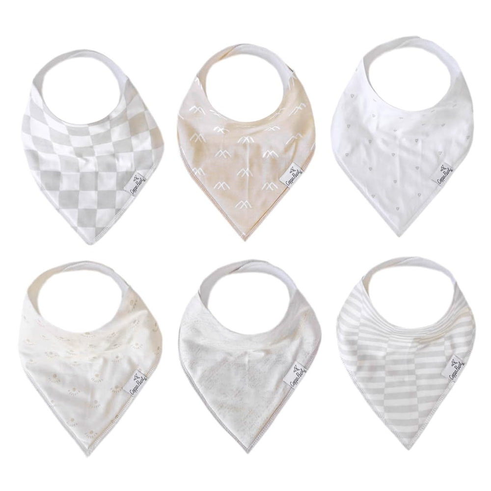 Copper Pearl Henry Set bib front view shows soft cotton and stylish print for teething days.