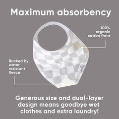 Copper Pearl Henry Set bib on baby demonstrates adjustable fit from newborn to toddler.