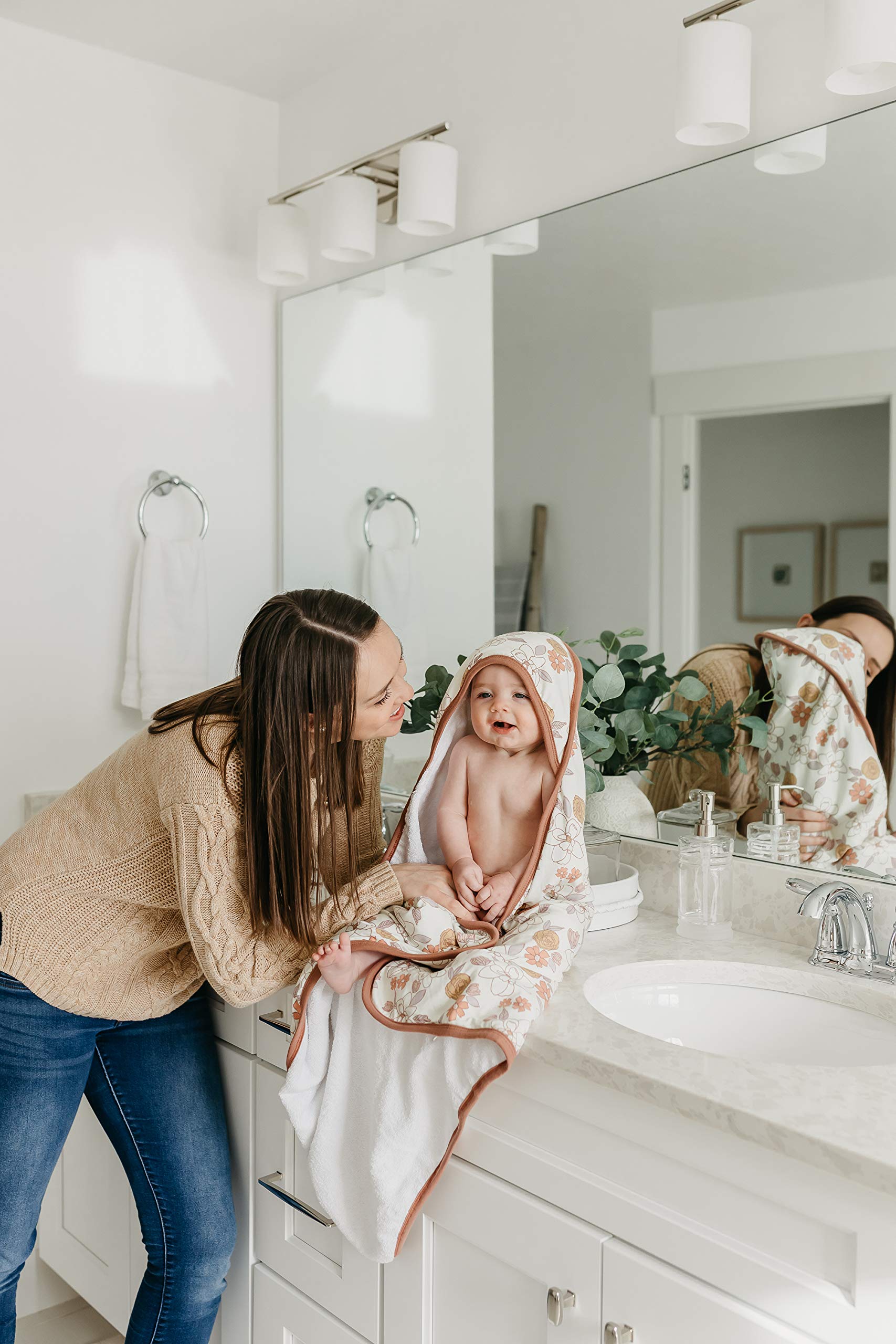 Copper Pearl hooded towel baby 33x33 closeup shows generous coverage for newborns