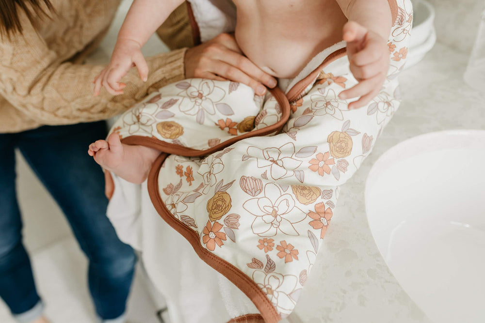 Copper Pearl hooded towel terry-cloth lining closeup highlights plush absorbency after bath