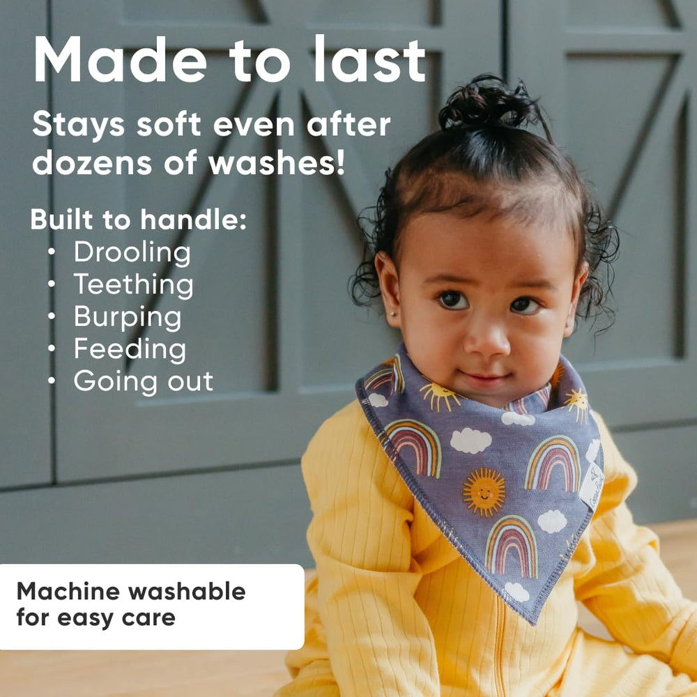 Copper Pearl Hope bib with water-resistant fleece lining enhances absorbency during drool moments.