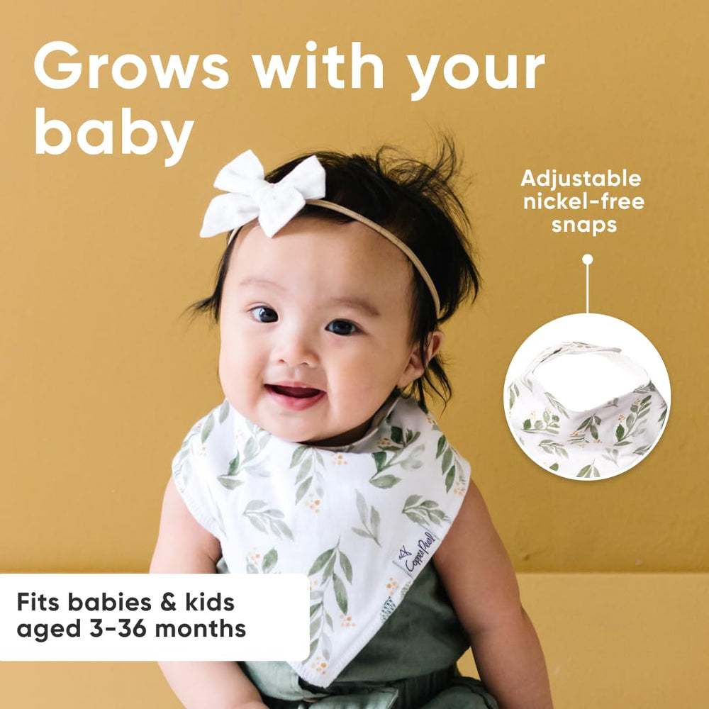 Copper Pearl Hope bib on a toddler demonstrates comfortable daily wear during teething.