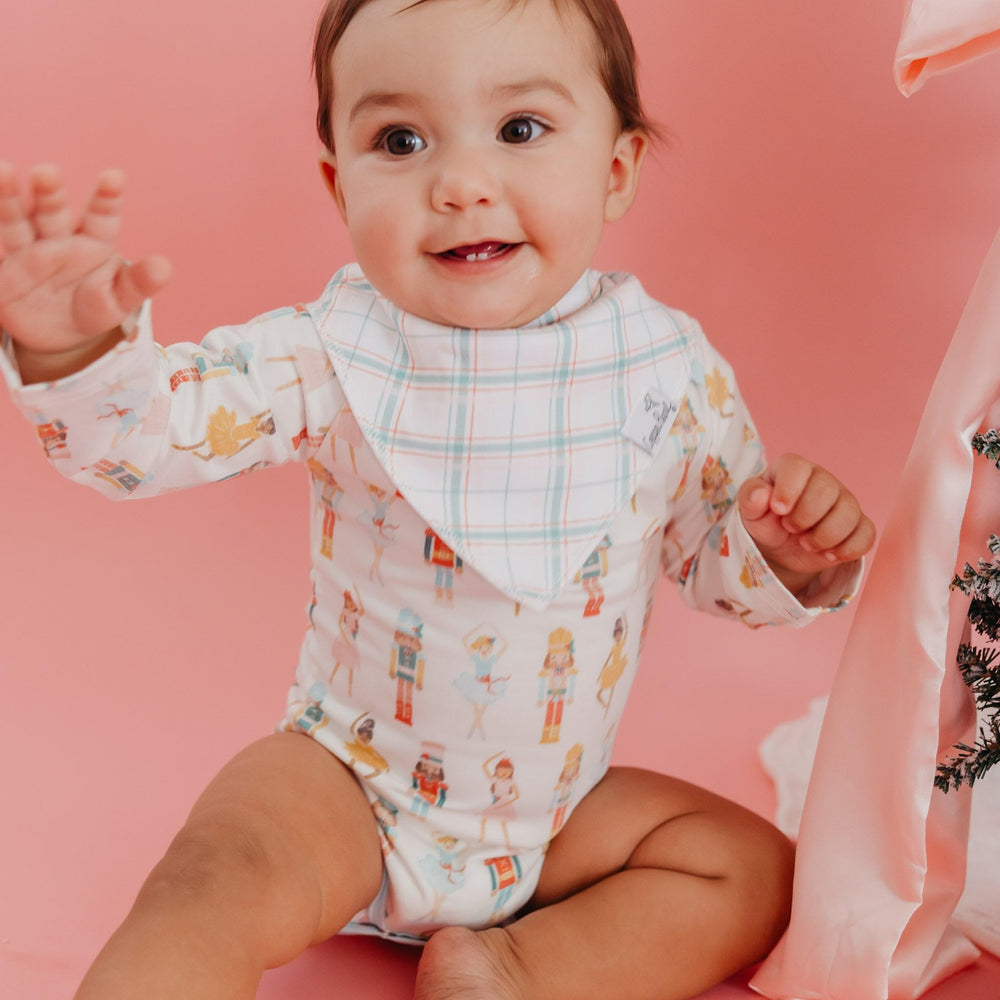 Copper Pearl Juliet Bandana Bib Set closeup fabric emphasizes cotton knit and breathable texture.