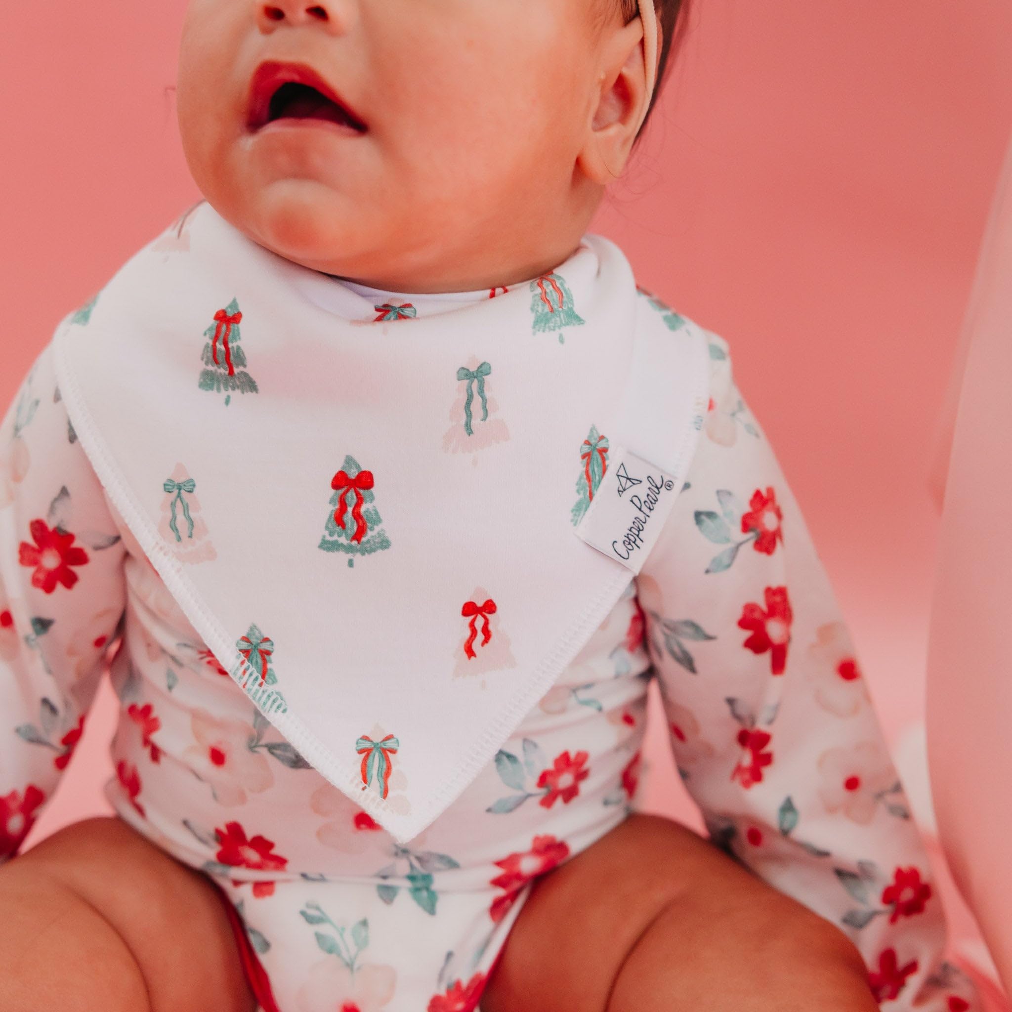 Copper Pearl Juliet Bandana Bib Set on baby teething shows drool-absorbing comfort.