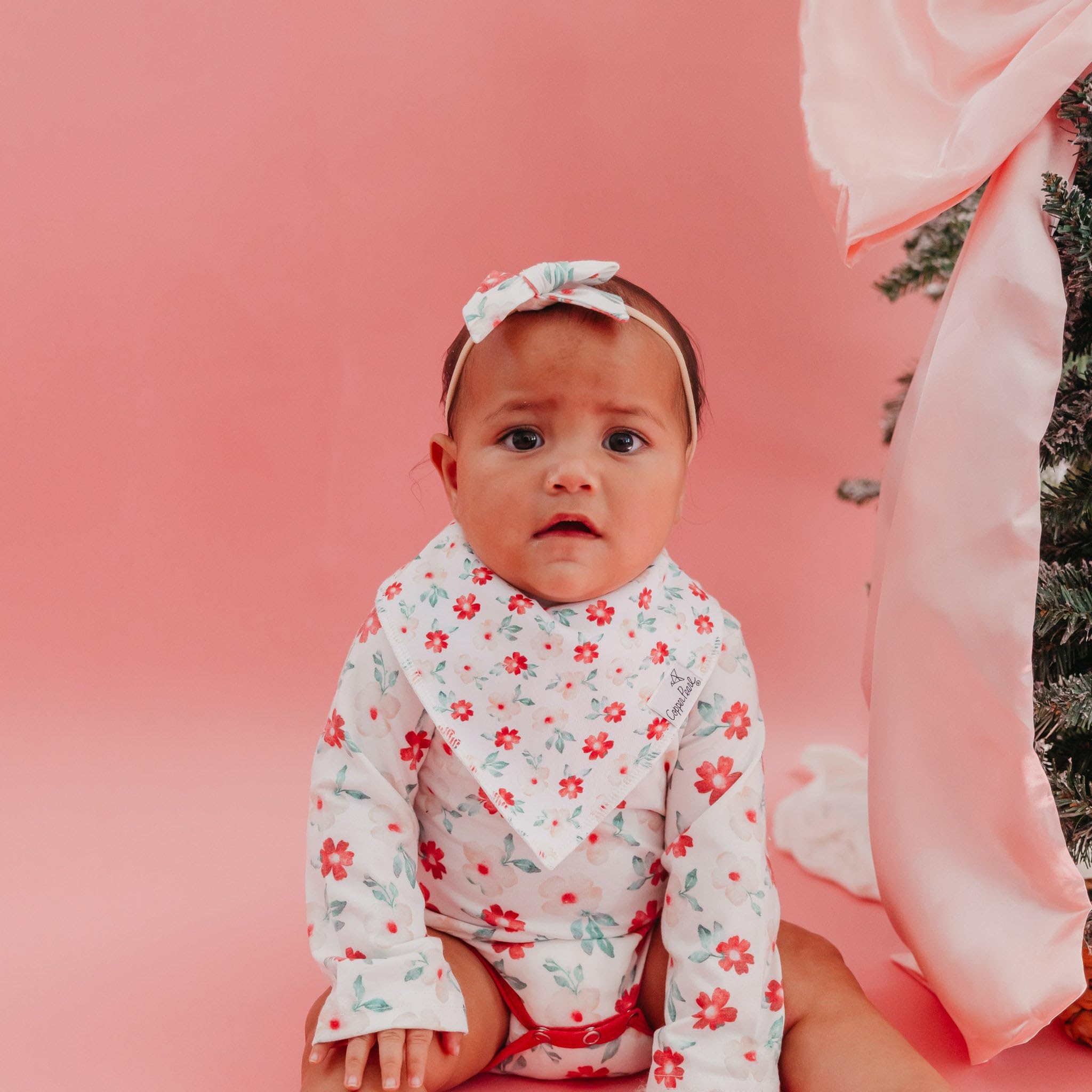 Copper Pearl Juliet Bandana Bib Set photography prop supports adorable baby portraits.