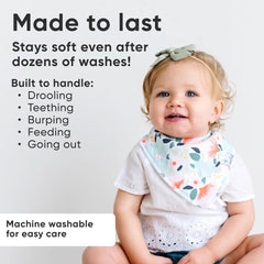 Copper Pearl Leilani bib adjustable snaps shown for newborn to toddler fit