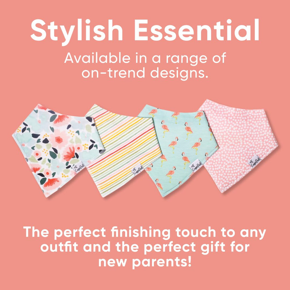 Copper Pearl Leilani bib worn by baby emphasizes comfort and dry outfit