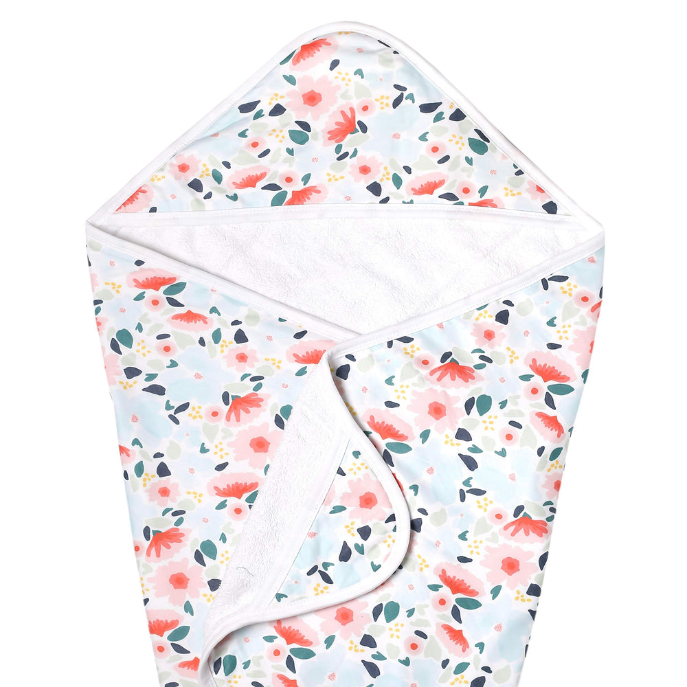 Copper Pearl Leilani hooded towel front view highlights soft knit exterior for bath time warmth.