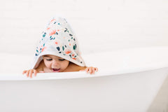 Copper Pearl Leilani hooded towel hood close-up highlighting snug head warmth after bath.