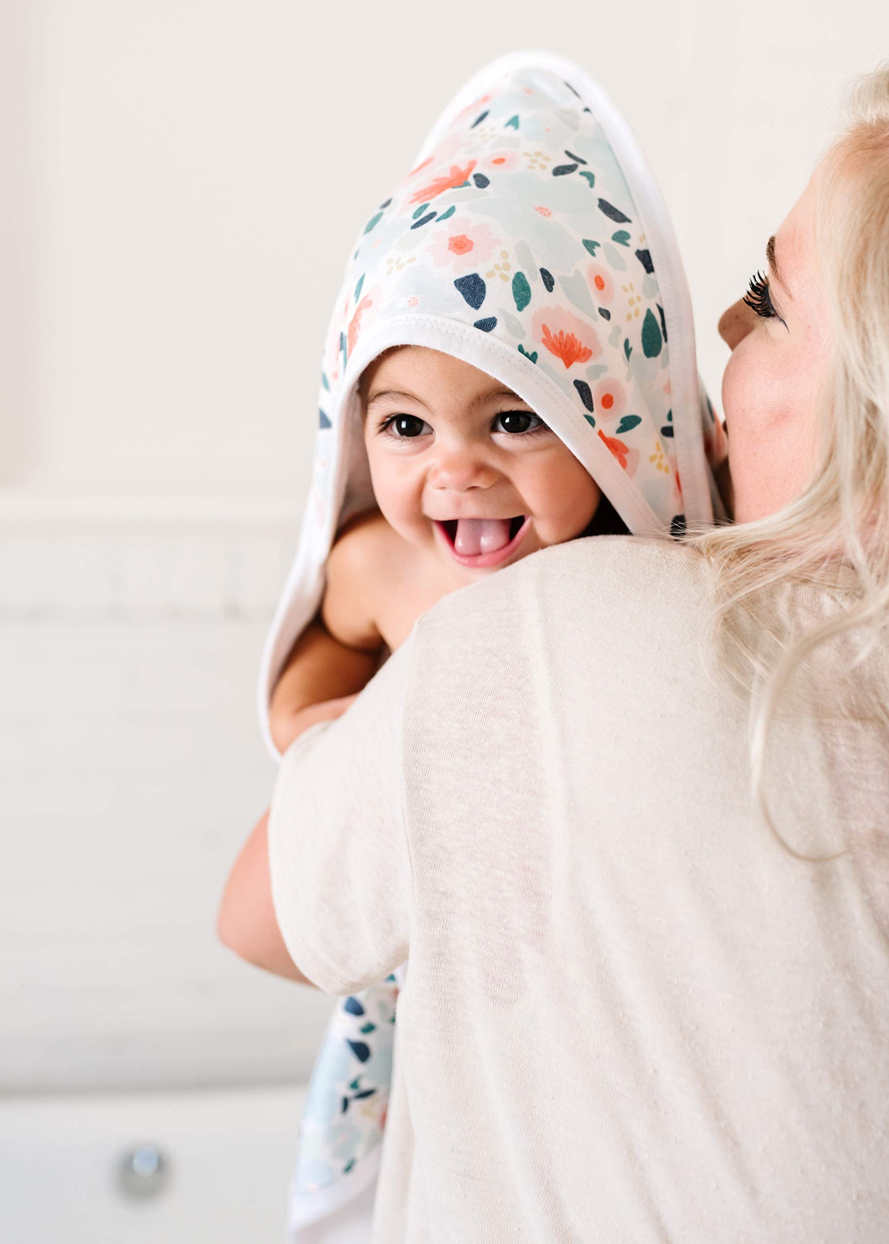 Copper Pearl Leilani hooded towel modern pattern adds nursery-style charm.