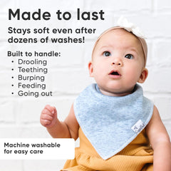 Copper Pearl Lennon adjustable bib highlights fit from newborn to toddler.