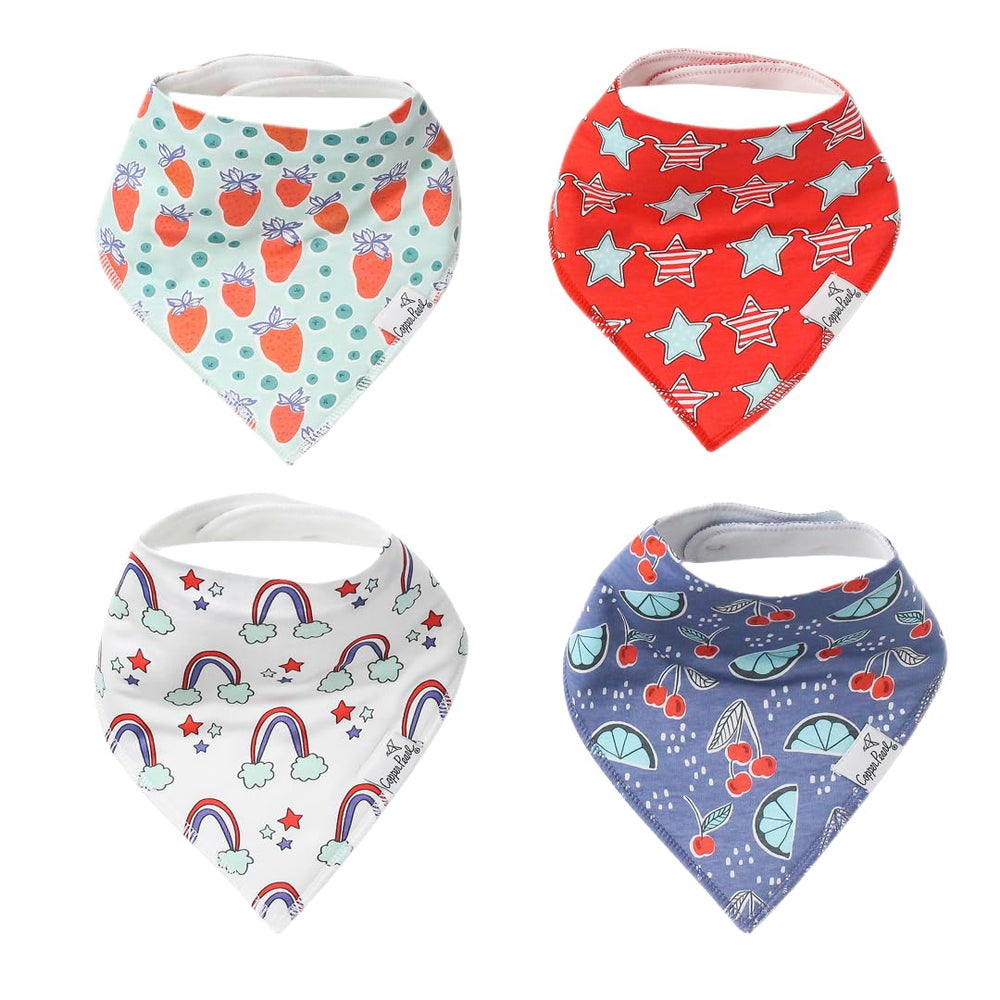 Copper Pearl Liberty 4-pack bibs front view with adjustable snaps for growing babies