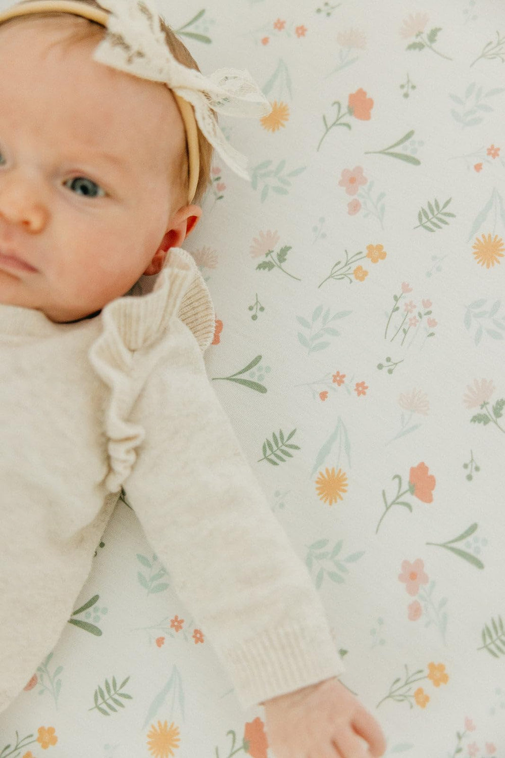 Copper Pearl Mabel crib sheet showcases durable stitching for long-lasting use.