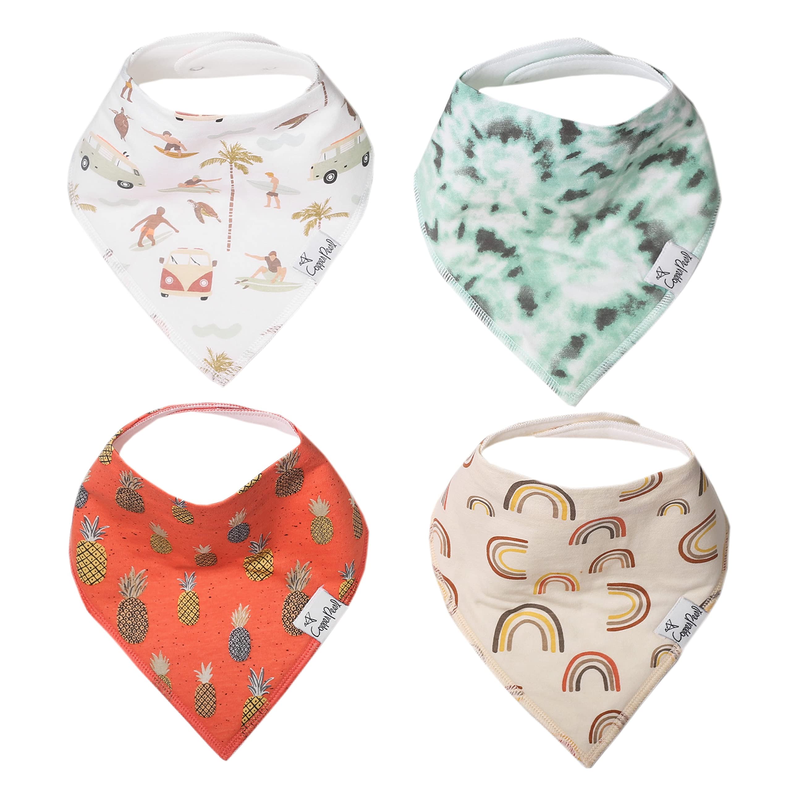 Copper Pearl Maui bandana bib front view shows ultra-soft cotton for drool protection.