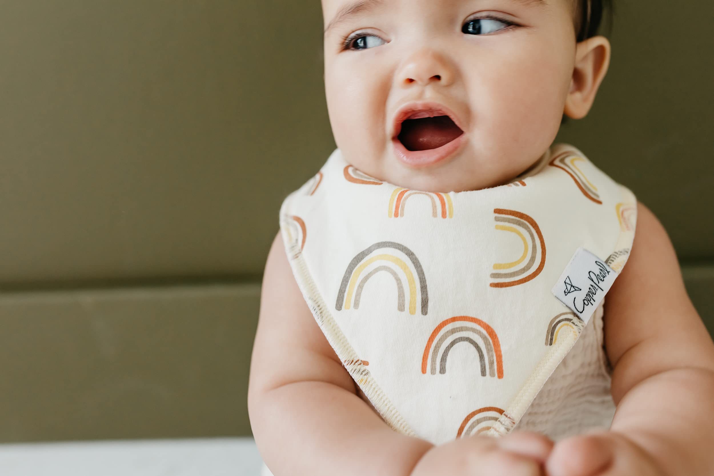 Copper Pearl Maui bandana bib in use during teething and drool moments.