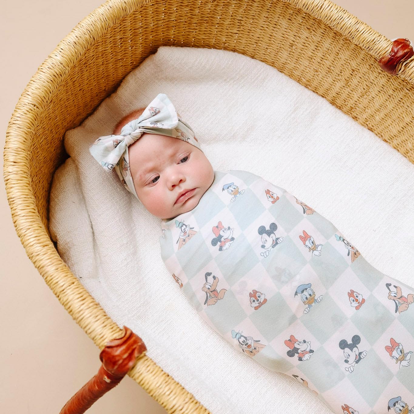 Copper Pearl Mickey Mouse & Friends swaddle blanket folded—versatile receiving blanket for baby photos